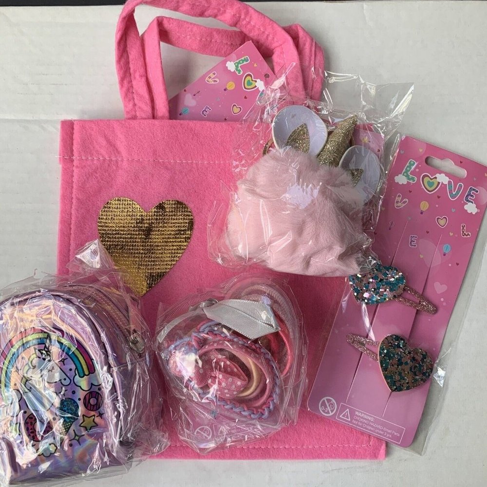 Girls Valentine’s Favors Gift Set Unicorn Coin Purse Key Chain  Hair Ties & Clip